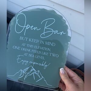 ONE Clear Acrylic Open Bar Signs Mountain Wedding Painted with Sage Green 8x10